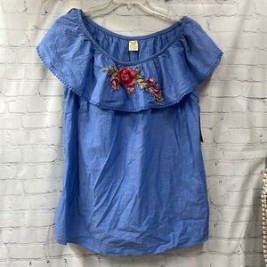 Faded Glory chambray new floral patch cotton 2x off shoulder top